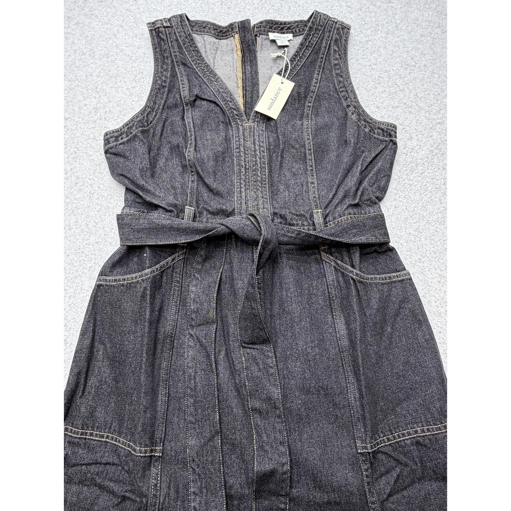 Sundance Poppy Dress Womens 12 Black Denim V Neck Belted Fit Flare Maxi 111396 - Picture 8 of 16